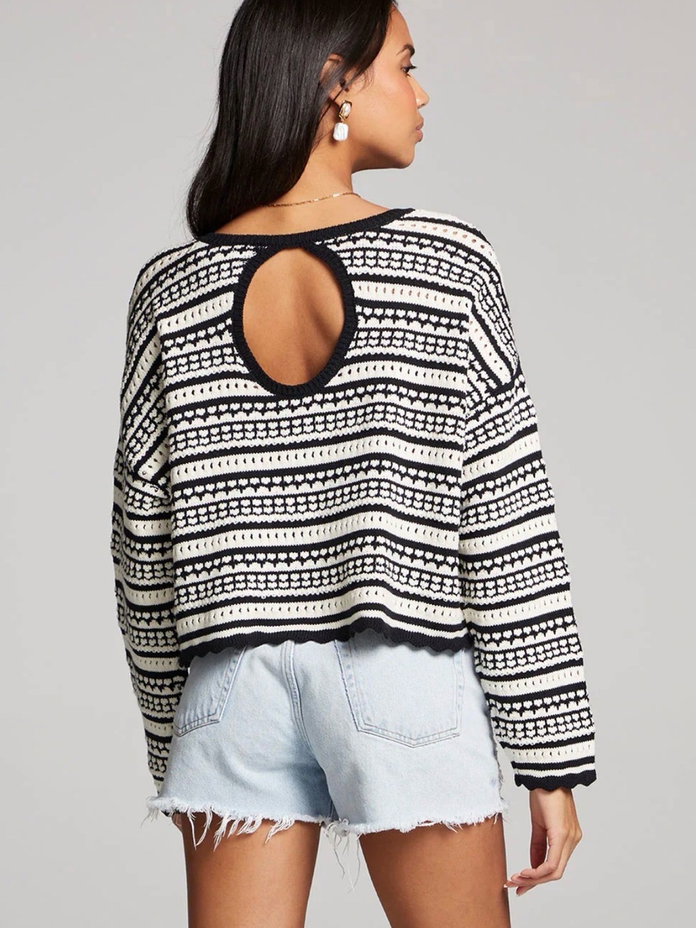 saltwater LUXE Black Oversized Striped Crewneck Sweater w/ Keyhole Back